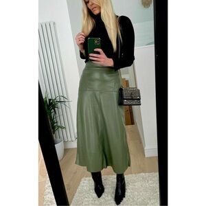 Zara Faux Leather Midi Skirt olive green patchwork flare a line long blogger